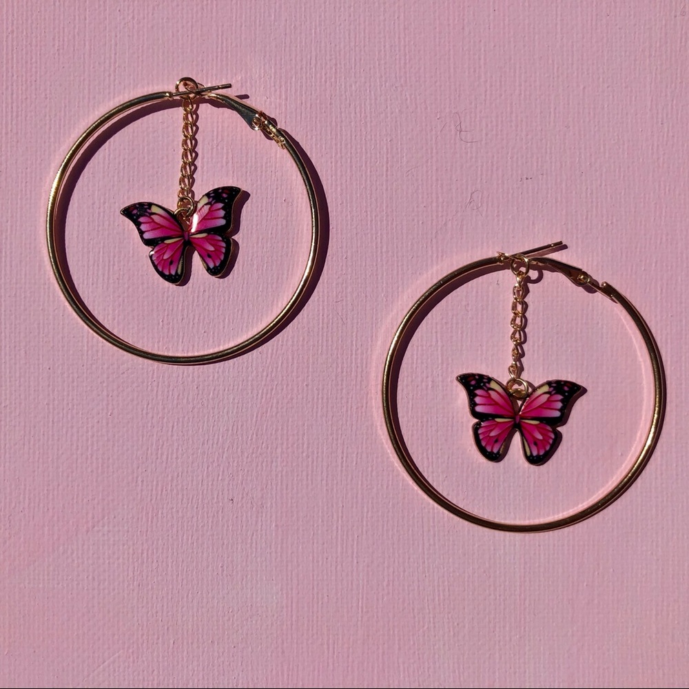 Genevieve gold and pink butterfly hoop earrings